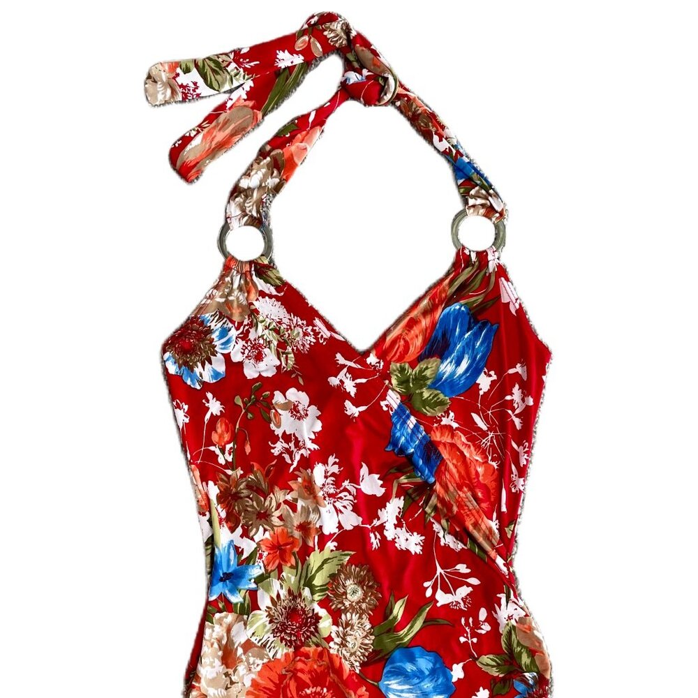 BODY CENTRAL Red Floral, Faux Wrap, Halter Top - US Size: M